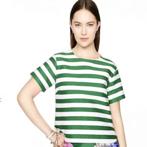 KATE SPADE Green/White Stripe Silk Blend Short Sleeve Ramona Top, Size 10 - Picture 1 of 10